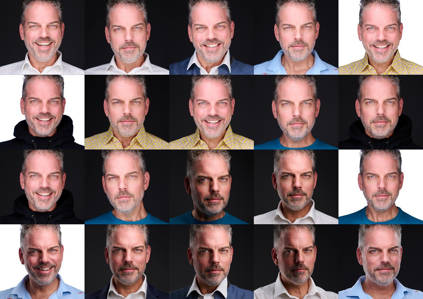Collage aus 20 Headshots von Thilo aus einem einzigen Shooting: verschiedene Outfits, Hintergründe und Ausdrücke