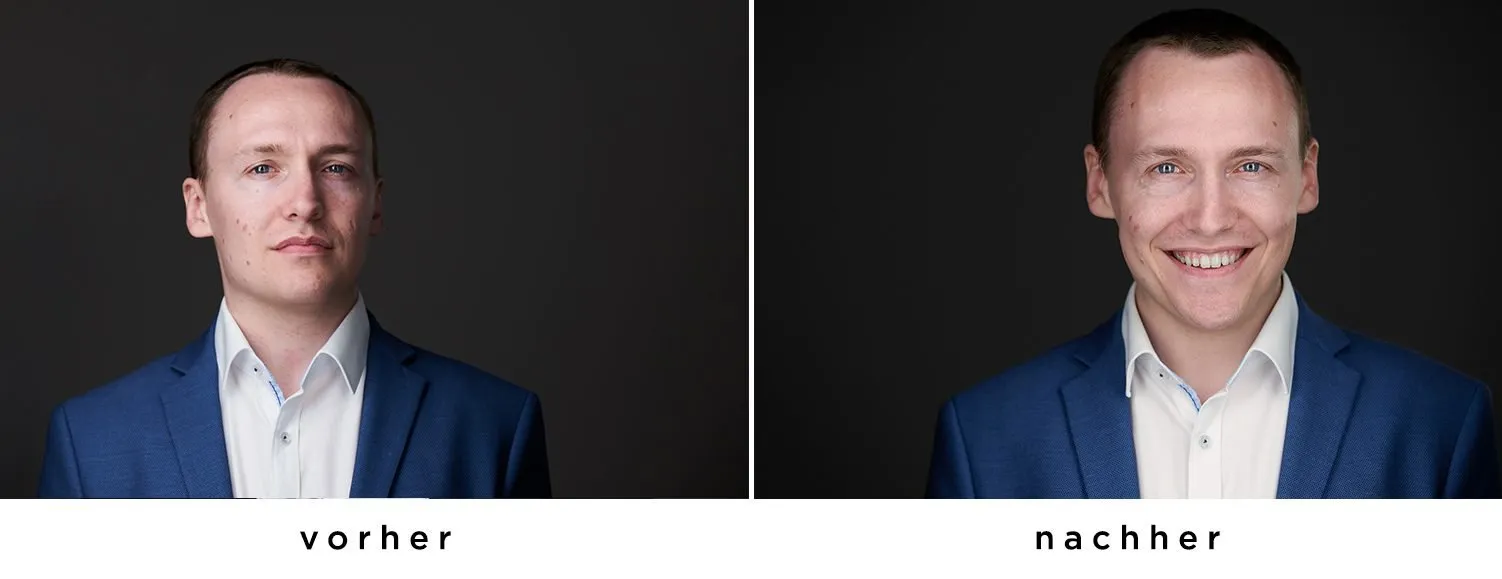 Vorher/Nachher-Vergleich: Mann in Businesskleidung, links mit neutralem Ausdruck, rechts frisiert und mit breitem Lächeln