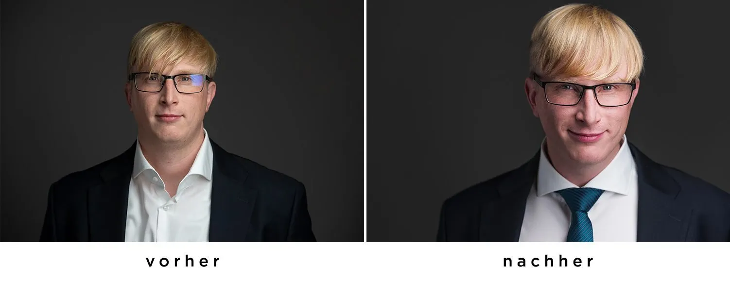 Vorher/Nachher-Vergleich: Mann mit Brille und blonden Haaren, links unsicher im offenen Hemd, rechts souverän in Anzug und Krawatte