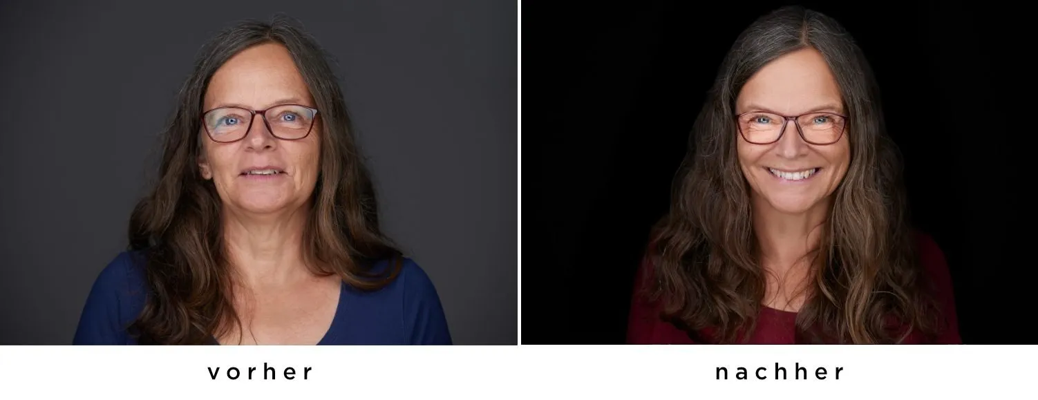 Vorher/Nachher-Vergleich: Frau mit Brille und langen braunen Haaren, links vor grauem Hintergrund, rechts lächelnd in roter Bluse vor schwarzem Hintergrund